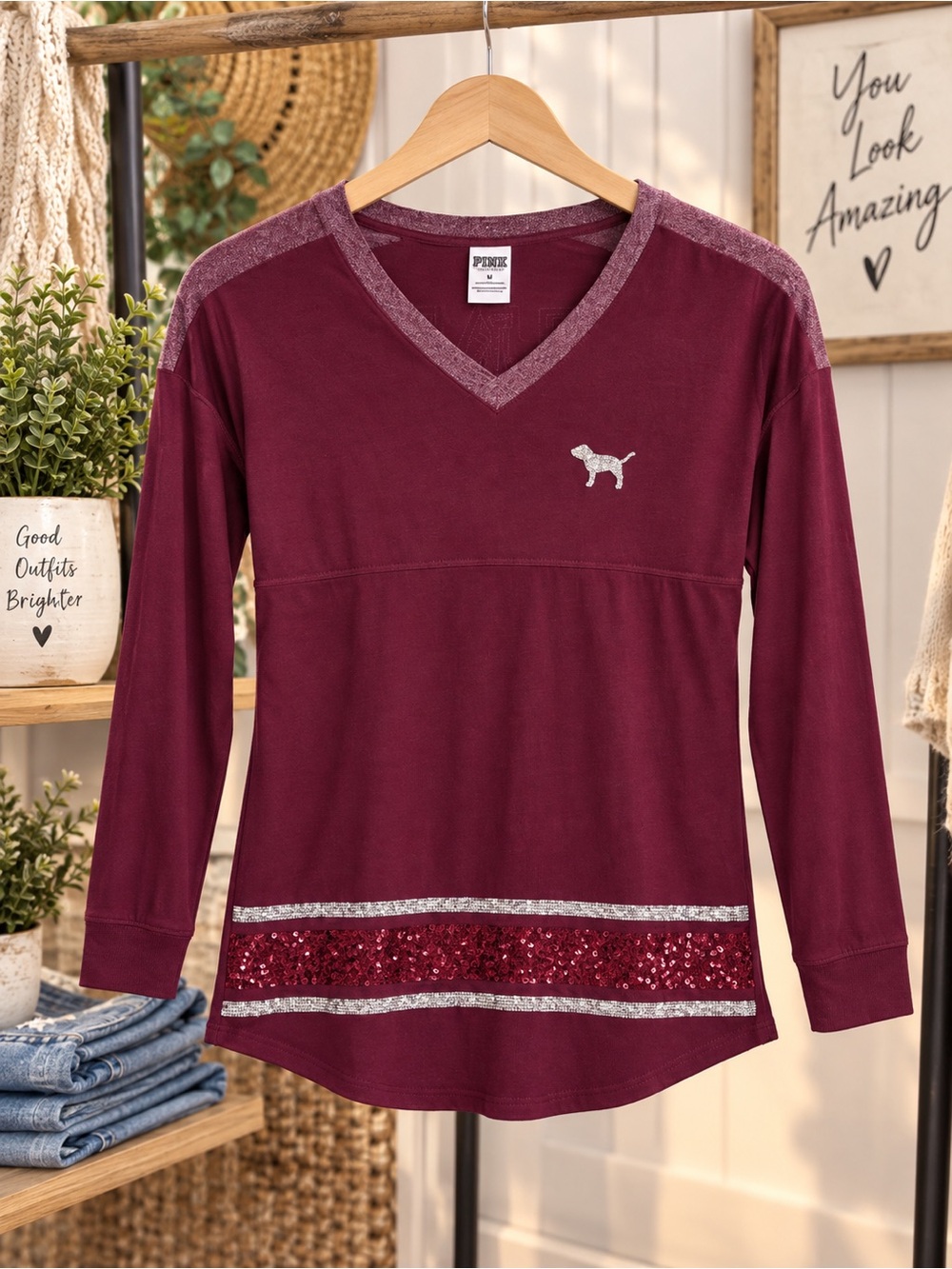 Victoria's Secret Long Sleeve V-Neck Top in Burgundy with Sequin Trim